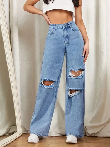 Pantalon Jeans De Pierna Ancha Con Diseño Roto Para Mujer…