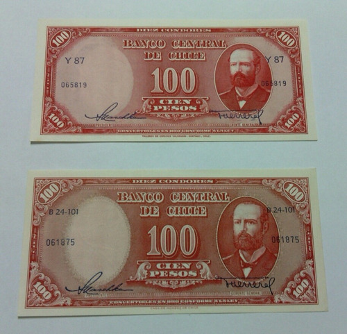 Par De Billetes Chilenos 100 Pesos #1 Masçhke Y Herrer (grw)