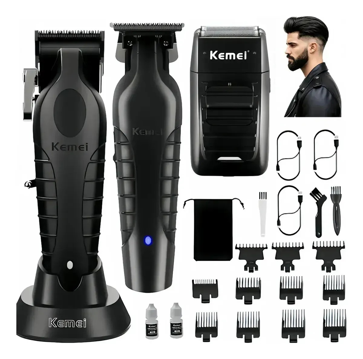 Kit de Cortadora de Pelo Kemei 2296, Recortadora 2299 y Rasuradora 1102 con 11 Peines Guía