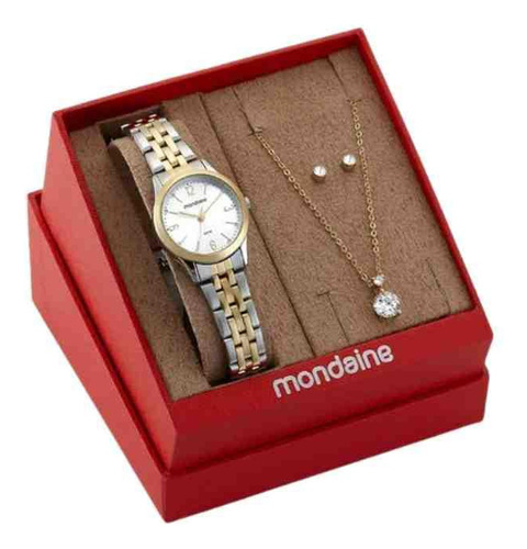 Kit Relógio Mondaine Prata Dourado Feminino 32720lpmkbe3k1