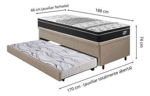 Bicama Box Baú + Colchão Gransleep Molas Courino Bege 88x188