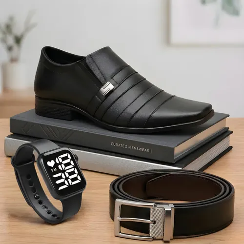 Kit Sapato Social Masculino Preto Fosco + Cinto + Relógio