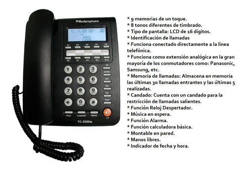 Imagen 2 de 3 de Teléfono Fijo Tc-8300w Modernphone Altavoz Identif. Llamadas