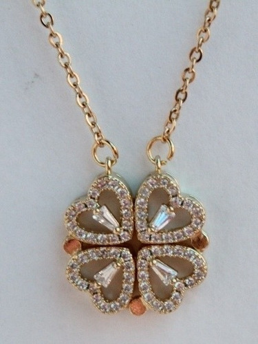 Imagen 2 de 2 de Collar Doble 2 En 1 Trébol Corazones Circonias Cadena Acero