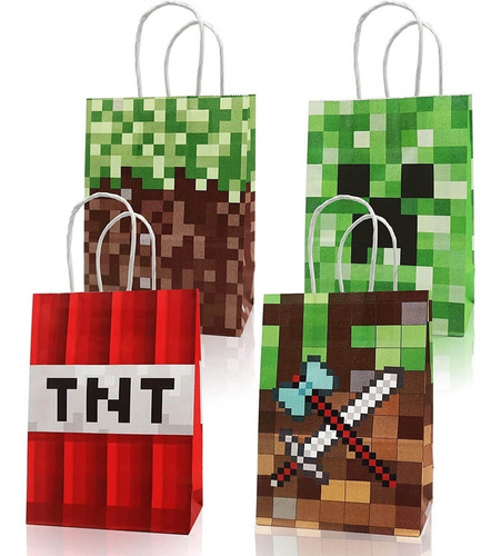 24 Bolsas Regalo Papel Fiesta Tematica Minecraft Recuerdos