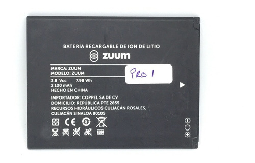 Pila Bateria Zuum Pro I 2100 Mah Original Nueva Garantizada