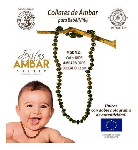 Collar Ámbar Báltico Para Bebé Verde 32cm