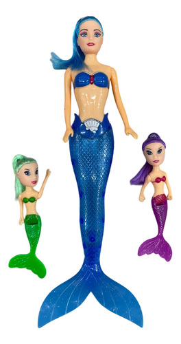 Boneca Sereia + 2 Sereia Pequena Com Luz Brinquedo Infantil