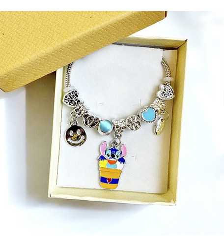 Pulseira Stitch Com Berloques Charme Aço Inoxidável Prata