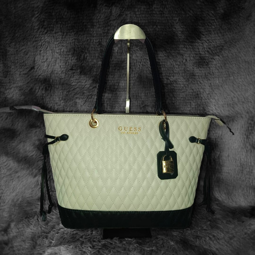 Bolsa Guess Tote, Blanco Con Negro, Original Milk Blanco Lisa Oro Negro