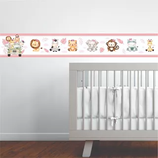 Faixa Decorativa Infantil Bebê Papel Parede Safari Animais Cor Rosa