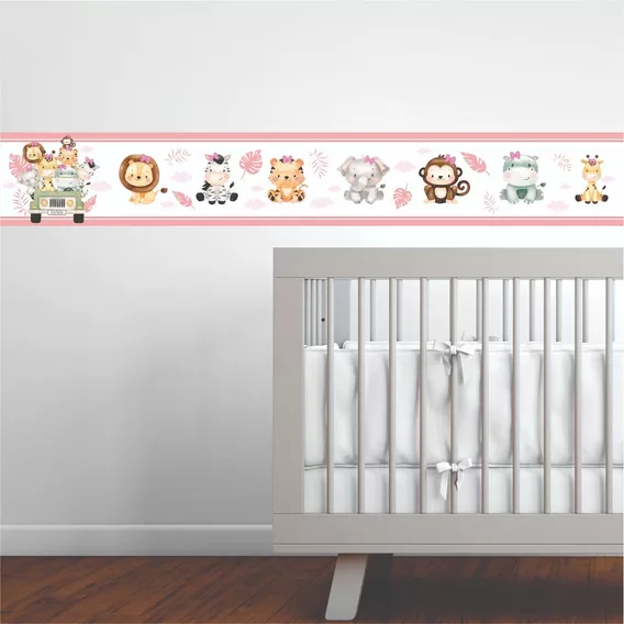 Faixa Decorativa Infantil Bebê Papel Parede Safari Animais Cor Rosa