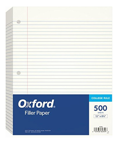 Oxford Filler Paper College 3-hole Punched 500 Sheets White Color Blanco
