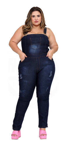 Macacão Jardineira Clássica Jeans Feminina Regata Plus Size
