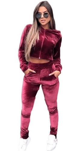Conjunto Moletom Veludo Cropped Blusa Casaco Feminino