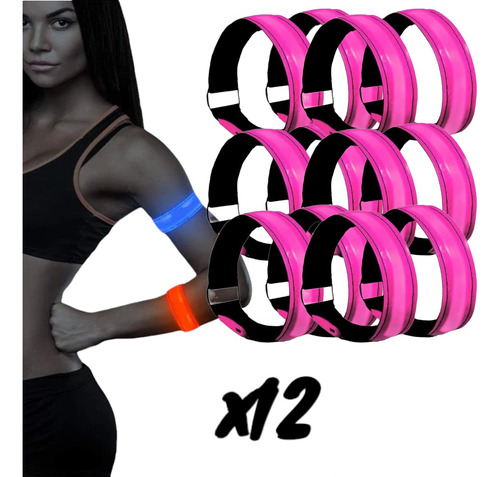 Pack 12 Pulsera Rosa Led Para Corredor Brazalete Reflejante