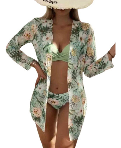 Set De Disfraz De Playa Para Mujer: Kimono Y Bikini Floreado