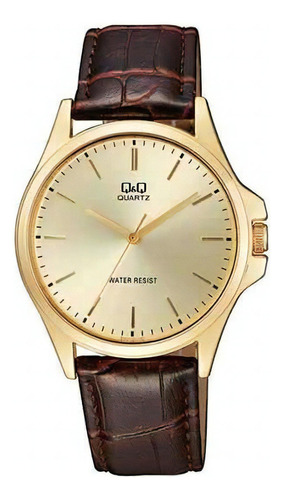 Reloj Q&q Unisex Resistente Al Agua Modelo Qa06j100y Color De La Correa Marrón Oscuro Color Del Bisel Gold Color Del Fondo Gold