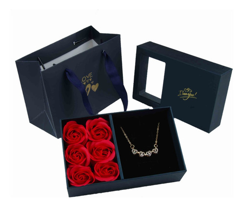 Imagen 10 de 10 de Collar Trébol 4 Corazones Doble Vista Dije Dorado Caja Rosas