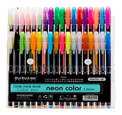 36 Plumas De Gel Colores Neon Pastel 1.0mm Glitter Metalico 