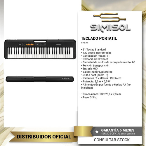 Imagen 2 de 6 de Teclado Casio Cts100 Organo 5 Octavas + Soporte + Funda