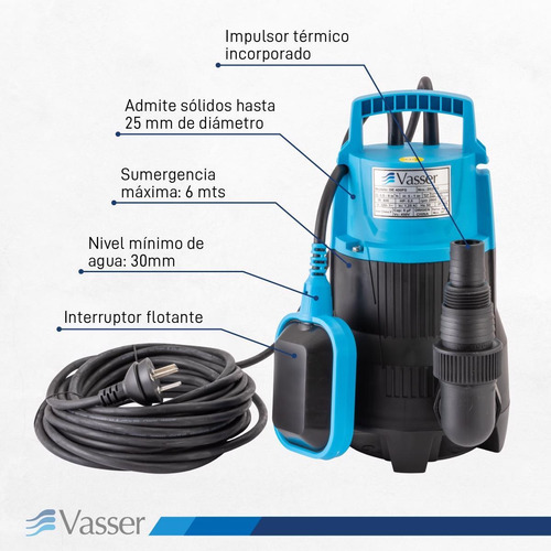 Imagen 3 de 11 de Bomba Desagote Agua Sucia Vasser De400ps 400w 10mts Cable 40