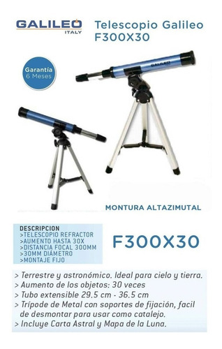 Imagen 4 de 4 de Telescopio Catalejo Infantil F300x30 + Tripode Galileo Full