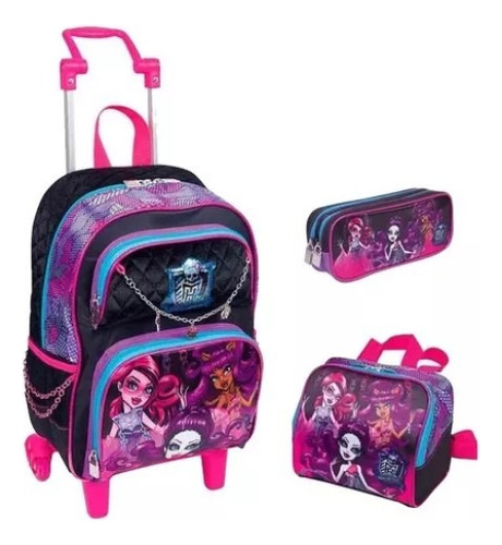 Kit Mochila Escolar Monster High Rodinhas G Lancheira Estojo