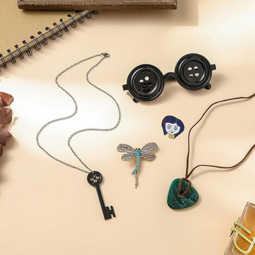 Accesorios Para Disfraz De Halloween, Anteojos De Película Coraline, Collar Con Colgante De Llave, Piedra De Ver, Collar, Broche, Pinzas Para El Pelo
