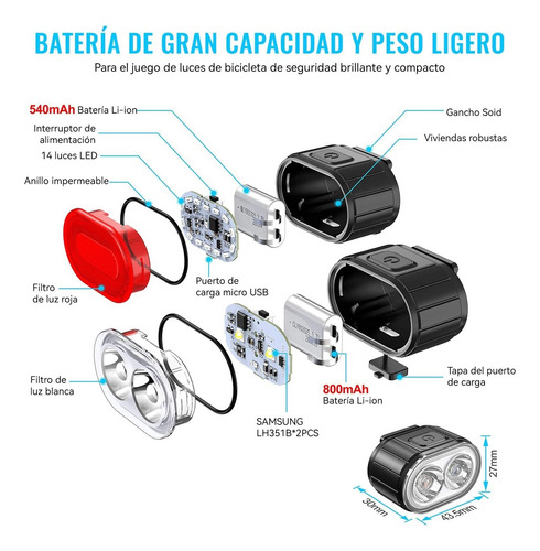 Combinación De Faro Y Luz Trasera De Bicicleta2 Luces Led