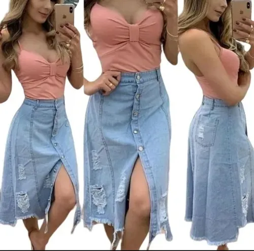 Saia Jeans Midi Cintura Alta Bot es Frente Rasgado Destroyed