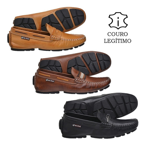 Kit 3 Pares Mocassim Drive Masculino Confortável Couro