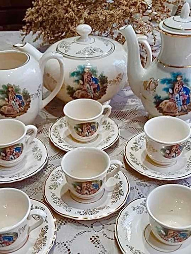 Antigua Loza Escena Galante Juego Tetera Cafetera Tazas