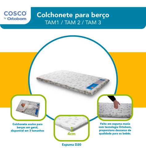 Colchonete Para Berço Tam 2 (95x61x4) Branco - Cosco Tamanho M
