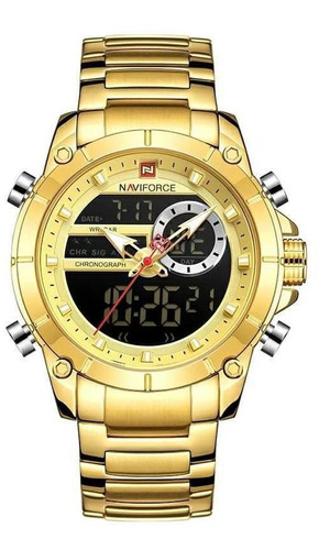 Relógio Masculino Naviforce 9163 Dourado Digital Inox Luxo