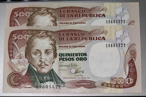 2 Billete De 500 Pesos Año 1993, Estado Unc. Consecutivos 