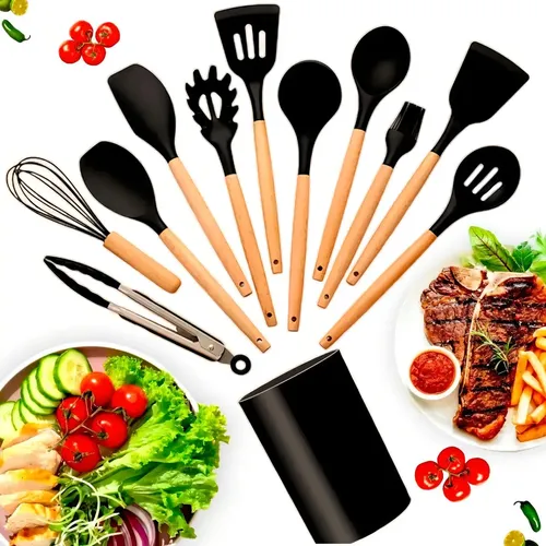 Kit 12 Utensilios De Cozinha Em Silicone E Cabo De Madeira