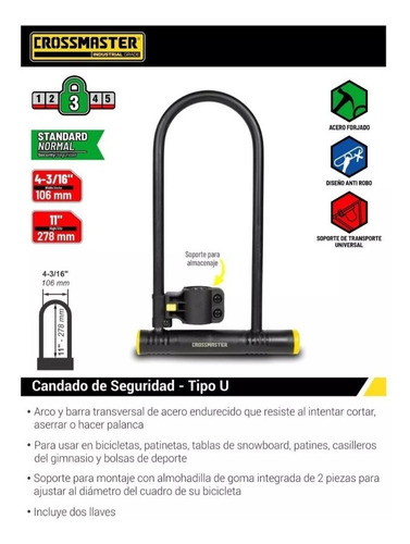 Imagen 5 de 5 de Candado De Seguridad Tipo U 106 Mm Crossmaster 9933402