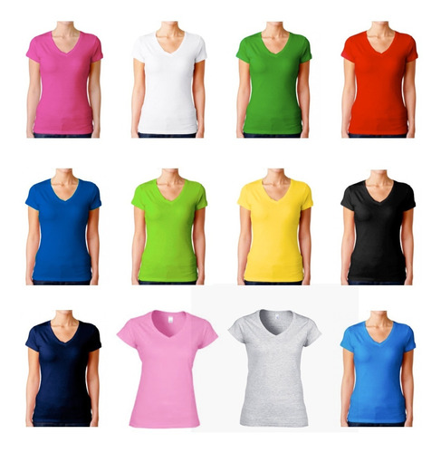 Camiseta Cuello En V Licrada Para Mujer En Colores Surtidos