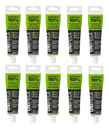 10 Pç Silicone Incolor Acético Bisnaga 50 Ml Unipega