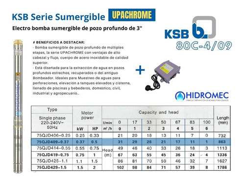 Imagen 3 de 7 de Bomba Sumergible Pozo Ksb Upachrome 3puLG. 0.50hp Alt 32mt