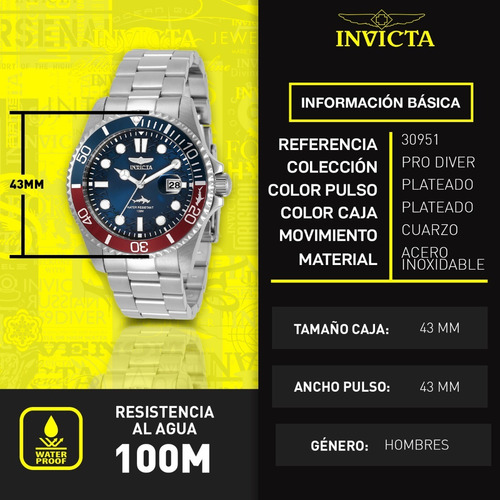 Reloj Invicta 30951 Plata Hombres Correa Acero Bisel Azul/Rojo Fondo Azul