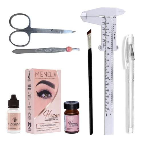 Kit Henna Menela Sobrancelha Profissional Pincel Caneta Gel Cor Castanho Claro