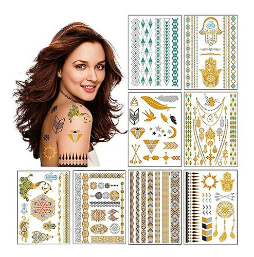 Tatuajes Temporales Metálicos Para Mujeres - 8 Hojas Oro Pla