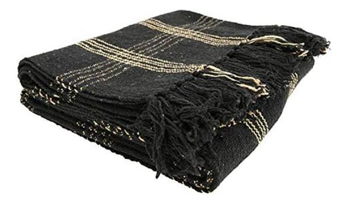 Manta De Mezcla De Algodón Tejida Con Flecos En Negro Y Cane