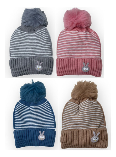 Gorrito Bebé Invierno Rayas Y Pompón