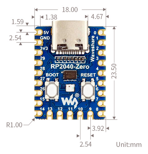 Tarjeta Desarrollo Rp2040 Zero Cortex M0+ Raspberry Pi Usb C