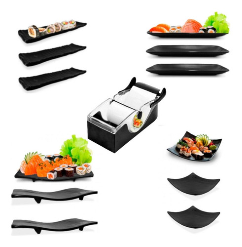 Kit Com 12 Peças Pratos Melamina Preto + Forma Enrolar Sushi