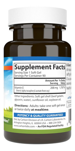 Carlson E-gems 400iu Vitamina E 268 Mg 90 Softgel Sabor Sin Sabor
