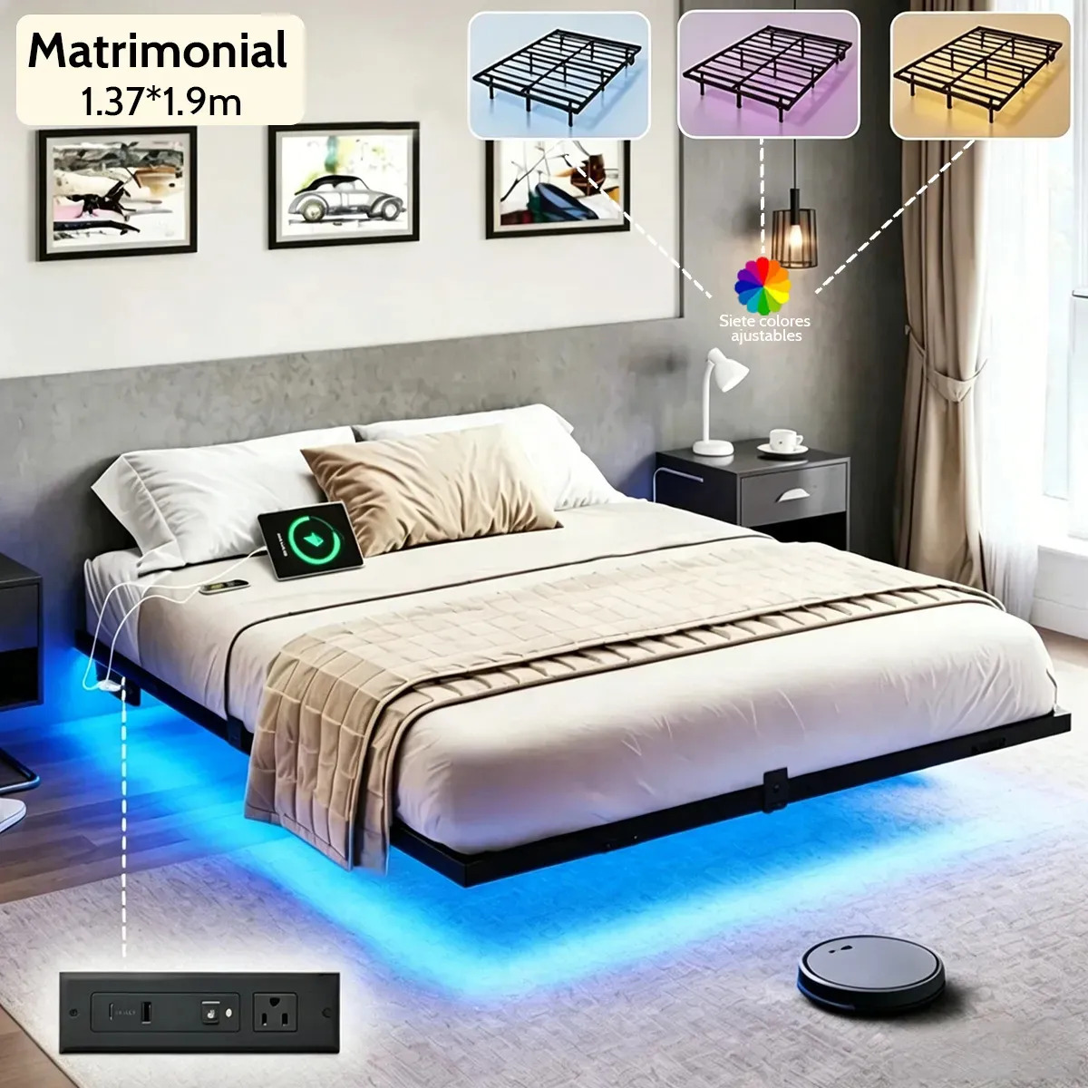 Base de Cama Matrimonial Flotante con LED y USB para Carga